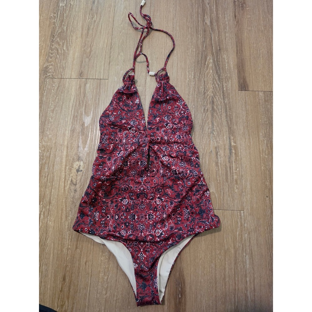 Tavik Womens One Piece Swimsuit Small Red Paisley Halter Open Back